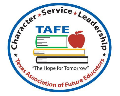 A blue circle with the word Texas Association of Future Educators written on the bottom. The words Character, Service and Leadership and on the top with a star acting as a space. 