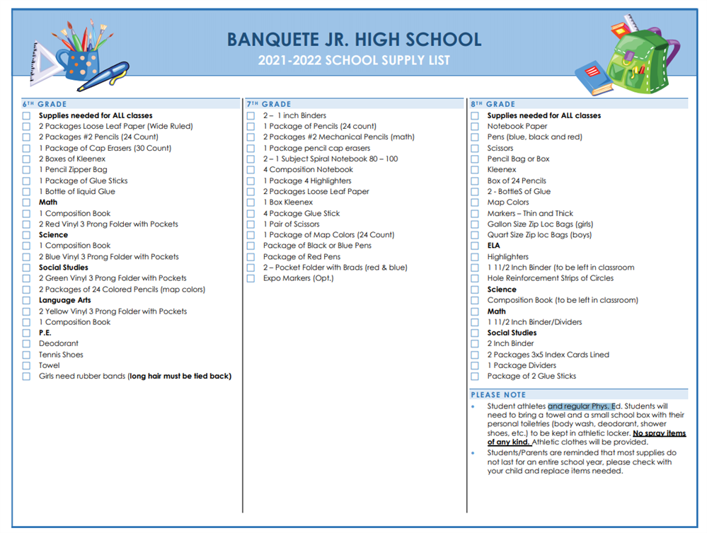 Back To School Info Jh School Supply List Back To School Info Jh School Supply List